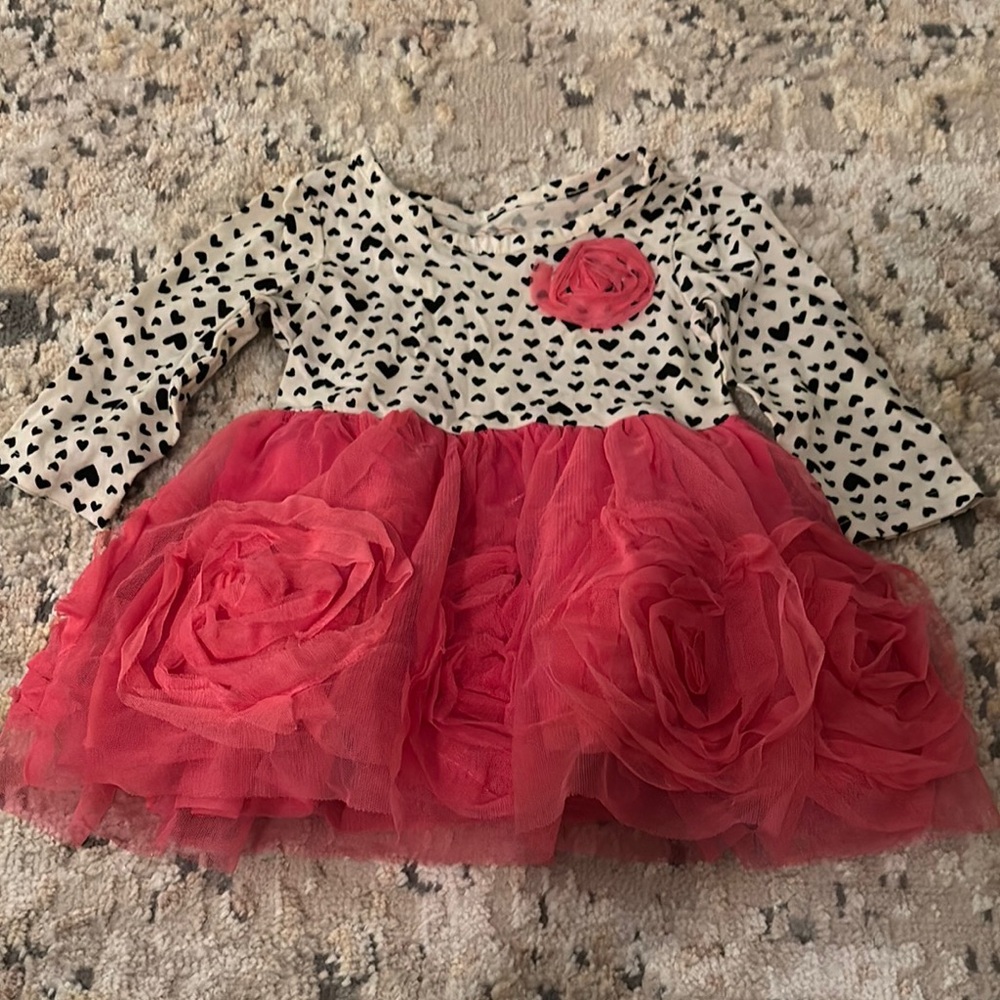 Heart Print Dress with Red Tulle Skirt
